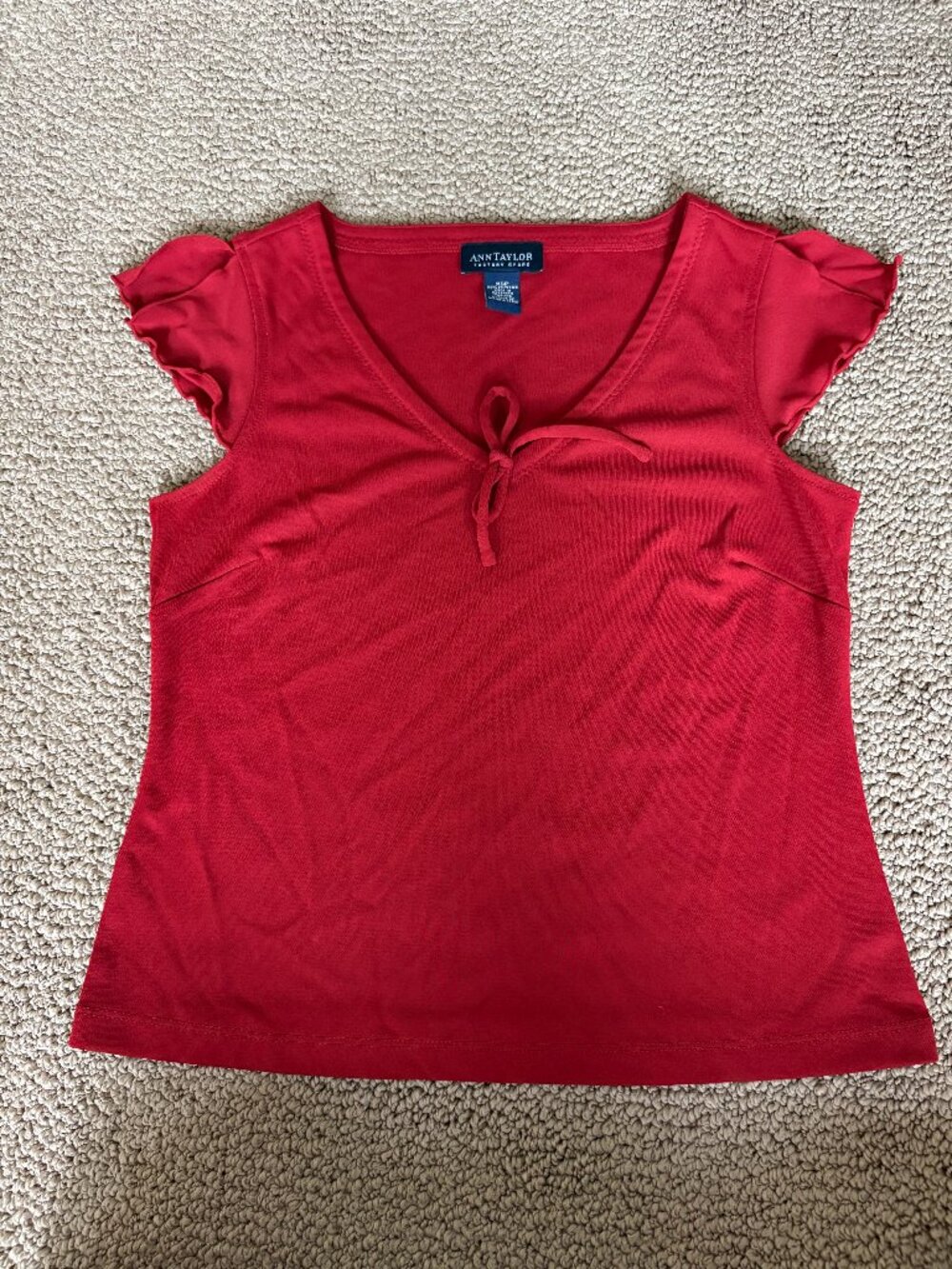 Ann Taylor Red Ruffled Sleeveless Blouse — Ribbon Tie Neck — Size XSP